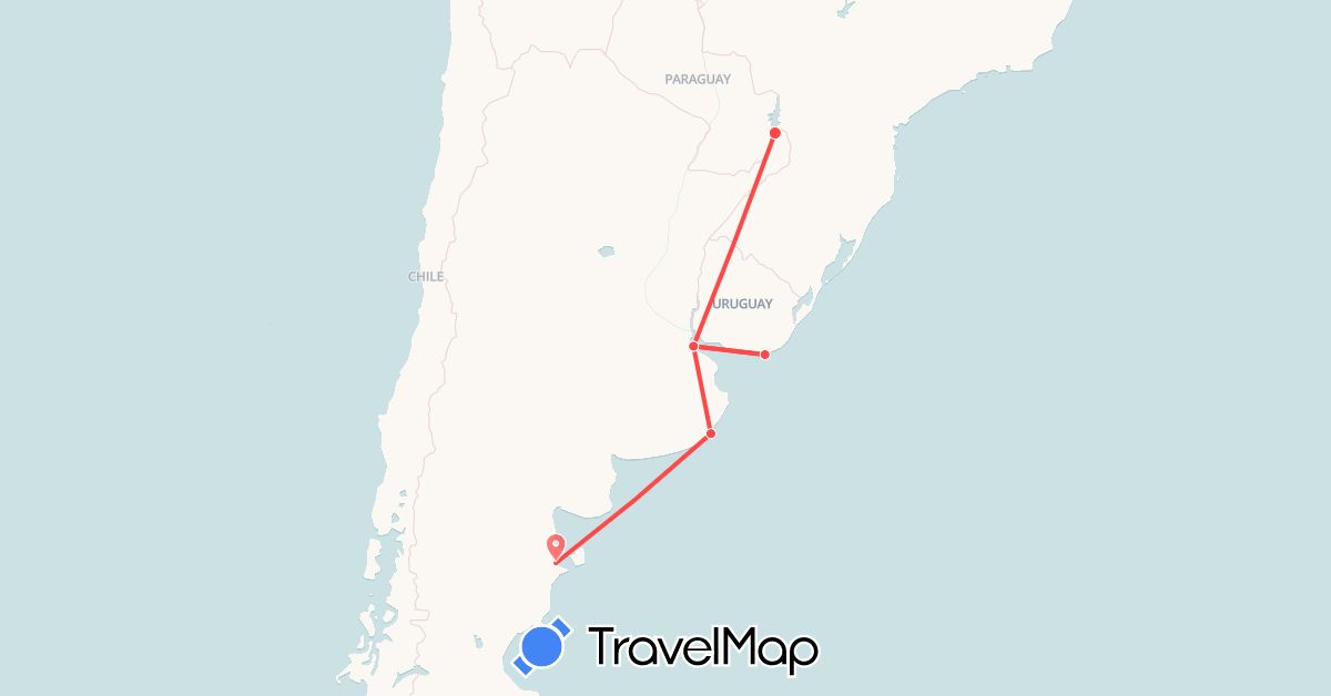 TravelMap itinerary: driving, hiking in Argentina, Uruguay (South America)